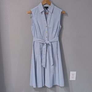 Jones New York Blue and White Striped Sleeveless Midi Shirt Dress with Tie Waist